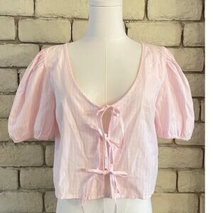 Abound Pink Puff Sleeve Tie-Front Poplin Blouse Size Medium